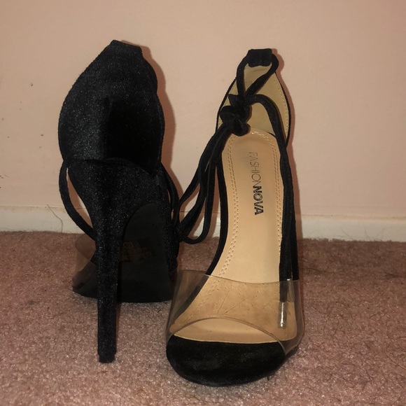Fashion Nova Black Velvet w/ Clear Strap Heels - Picture 6 of 7